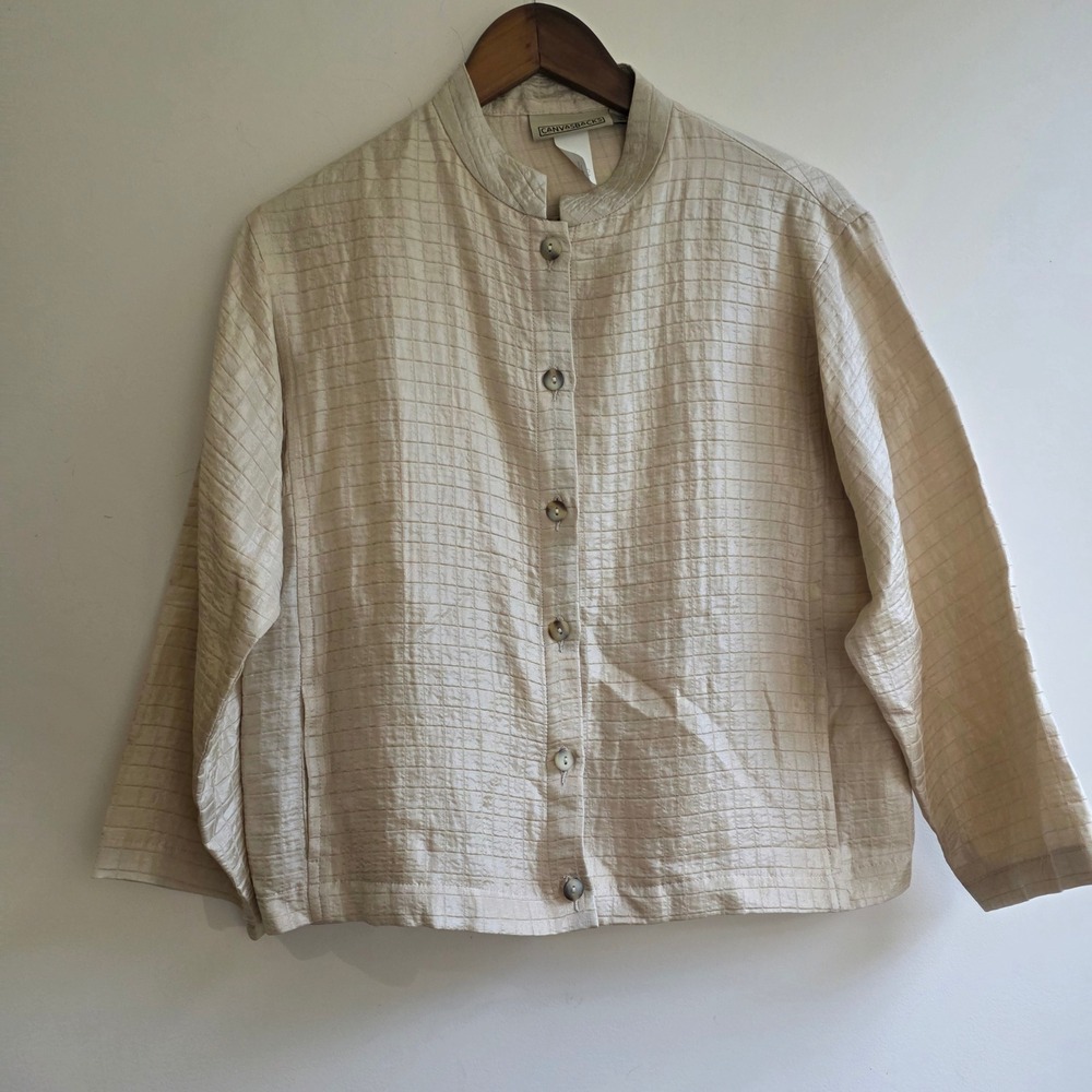 Vintage 90s Y2K Canvasbacks Beige Textured Silk Blend Jacket Mandarin Collar 8